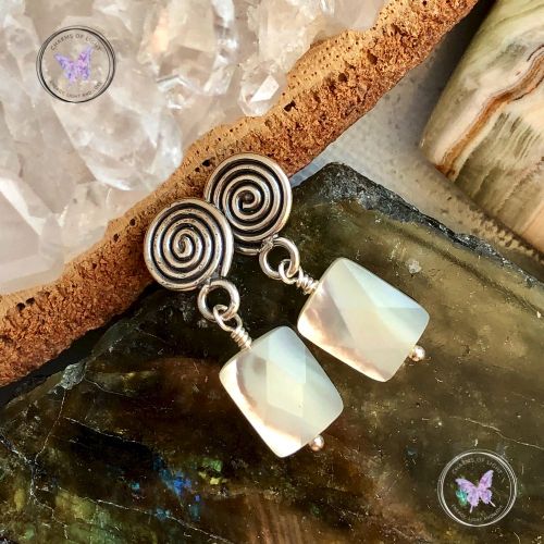 Faceted Mother Of Pearl Silver Swirl Earrings